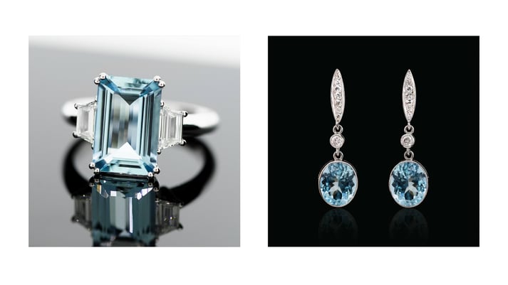 Tria Aquamarine Ring & Mid 20th Century Aquamarine Earrings