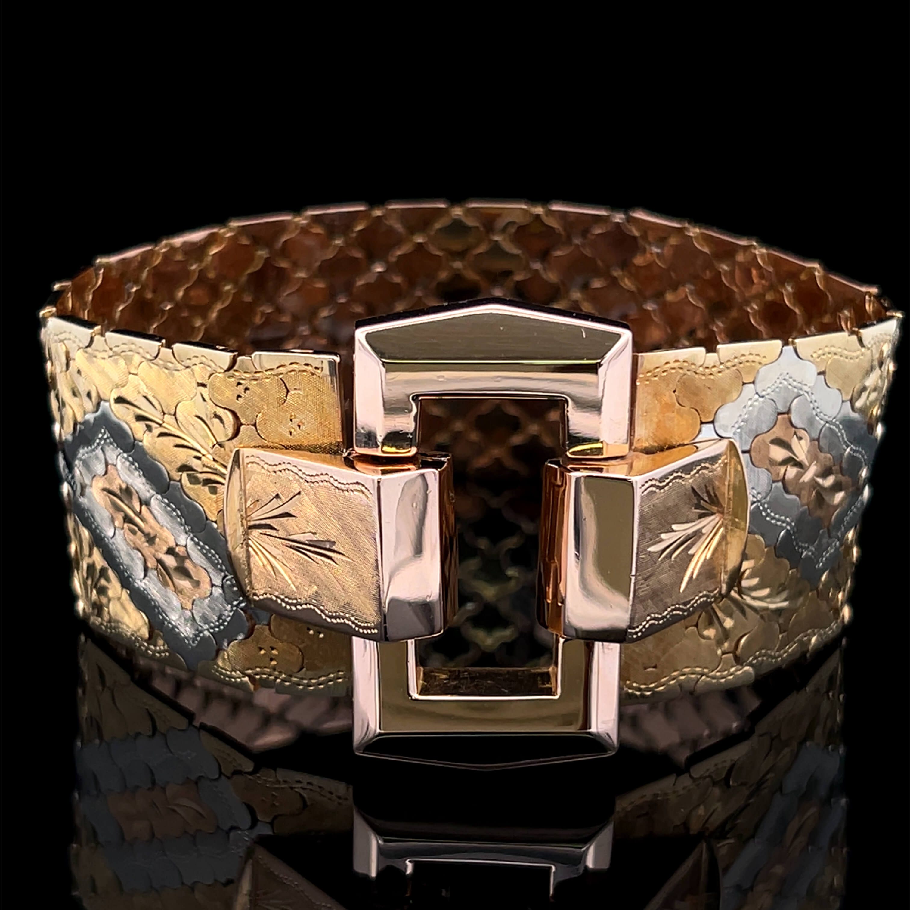 Retro Three Tone Gold Buckle Bracelet Circa 1960s SKU: 568827