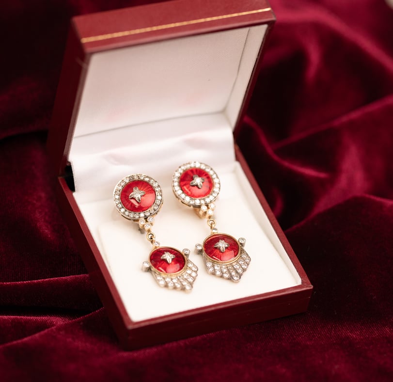 Antique Faberge Enamel & Diamond Earrings Circa 1899-1903 SKU 571168