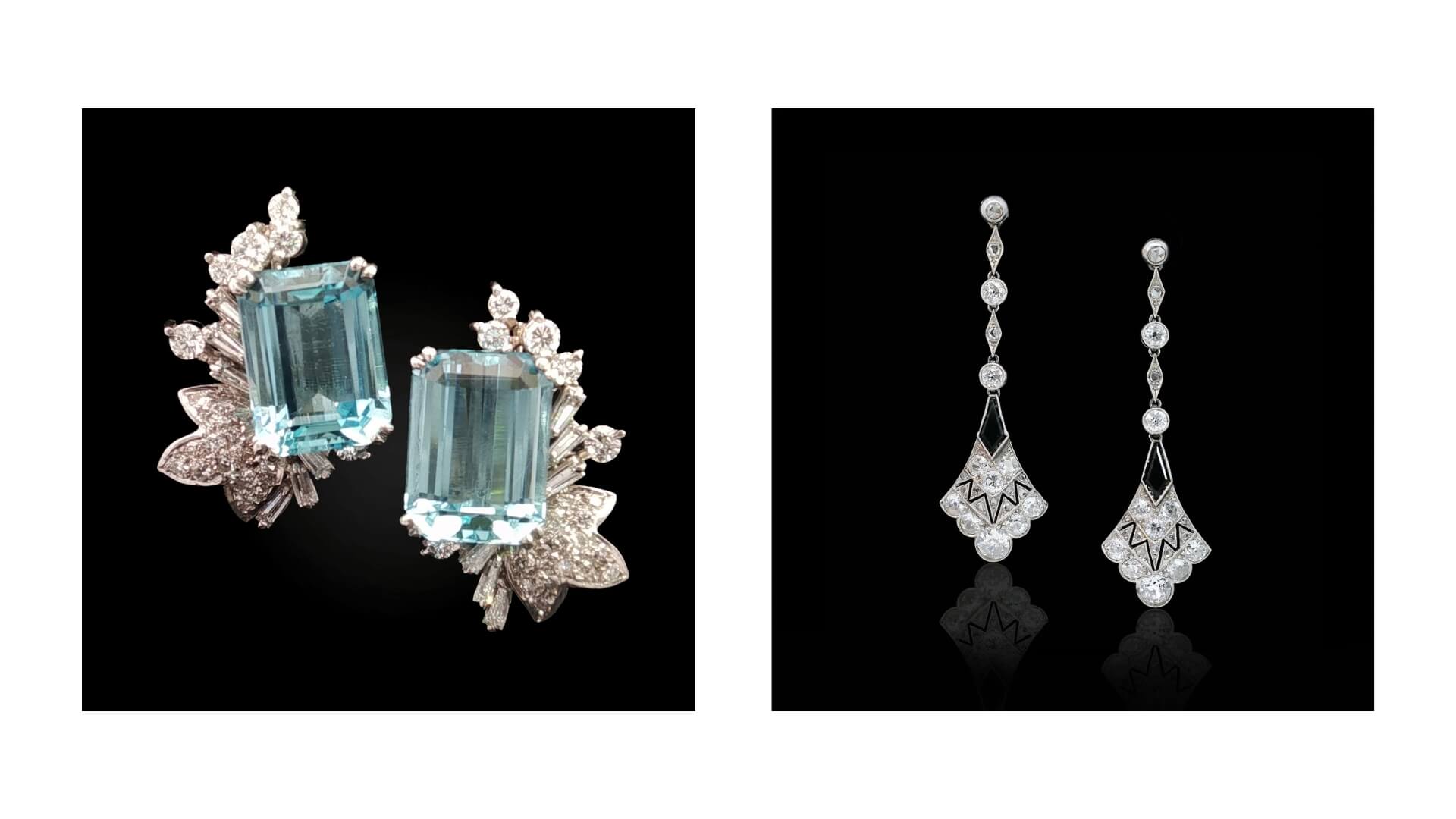 Art Deco Aquamarine & Diamond Earrings Circa 1920s SKU 572096 | Art Deco Diamond & Onyx Set Drop Earrings Circa 1920s SKU 566628