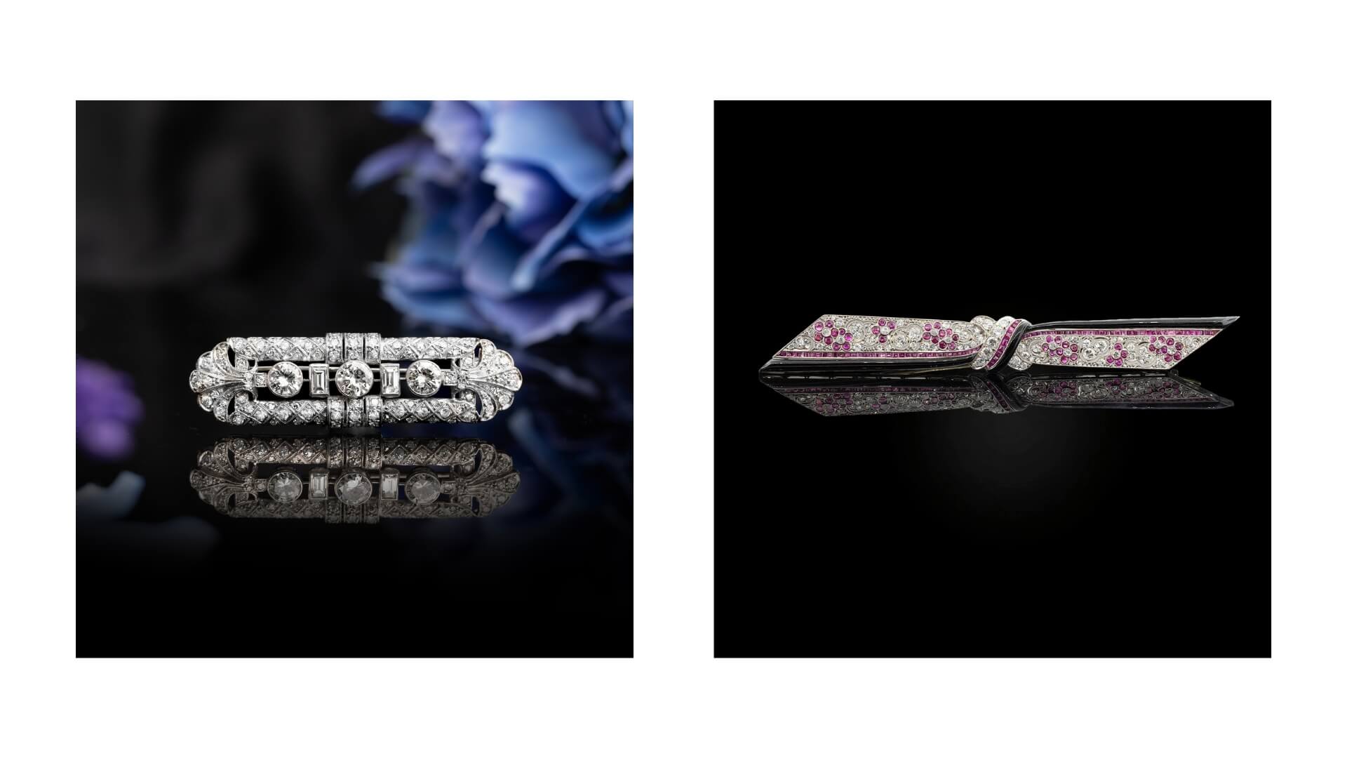 Art Deco Diamond Brooch Circa 1930s SKU 567235 | Art Deco Fine Ruby, Diamond and Enamel Brooch Circa 1925 SKU 557447